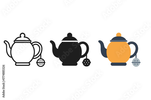Minimalist Teapot Icons. Minimalist brewing tool icon: three identical teapots and infusers in a row, first in line style with