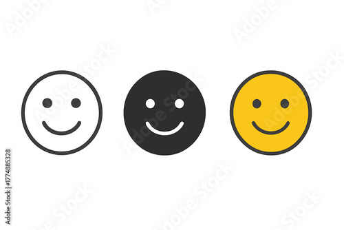 Smiling Faces Trio. Minimalist smile icon: three identical smiling faces in a row, first in line style with thin outline, second