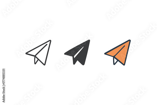 Tri-Style Paper Planes. Minimalist email send icon: three identical paper planes flying upward in a row, first in line style with