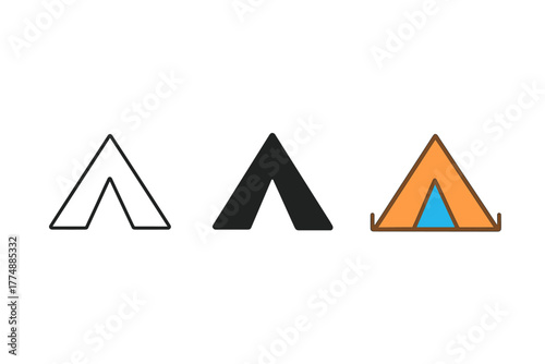 Minimalist Tent Styles. Minimalist tent icon: three identical triangular camping tents in a row, first in line style with thin