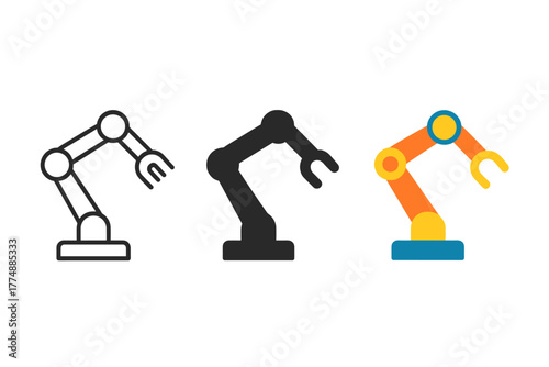 Minimalist Robot Arm Designs. Minimalist robotic arm icon: three identical articulated robot arms in a row, first in line style