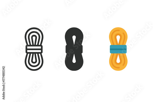 Minimalist Climbing Rope Icons. Minimalist climbing rope icon: three identical coiled climbing rope icons in a row, first in line