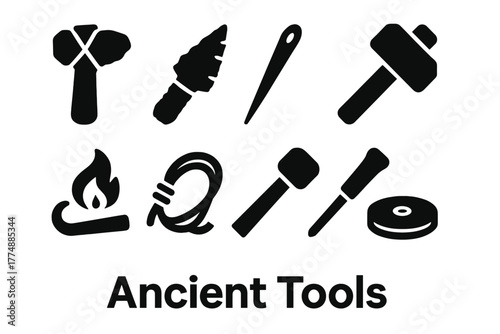 Ancient Tool Icons. Solid style icons of Ancient Tools: Stone Axe, Flint Knife, Bone Needle, Wooden Mallet, Fire Starter, Rope