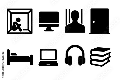 Quiet Confinement Icons. Solid style icons of Quiet Confinement: Room, Computer, Isolation, Light Under Door, Bed, Laptop,