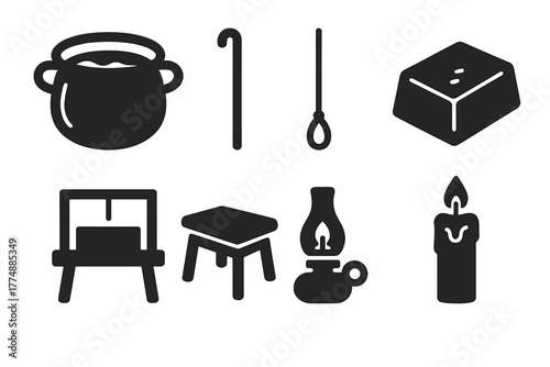 Wax Workshop Icons. Solid style icons of Wax Workshop: Large Pot, Dipping Rod, Wick Line, Wax Block, Cooling Frame, Wooden Table,