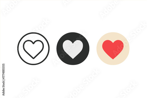 Heart Badge Trio. Minimalist heart like badge icon: three identical hearts inside circles in a row, first in line style with thin