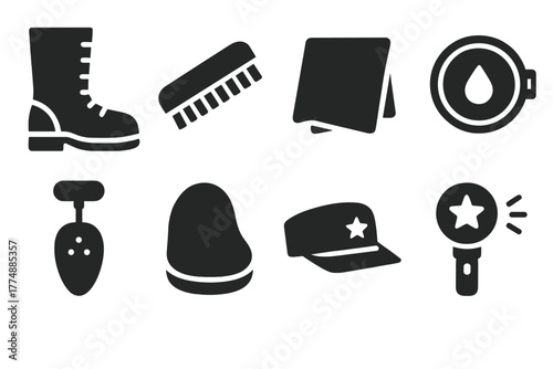 Military Shoe Care Icons. Solid style icons of Military Shoe Polishing: Tall Boots, Metal Brush, Stiff Cloth, Wax Can, Shoe Tree,