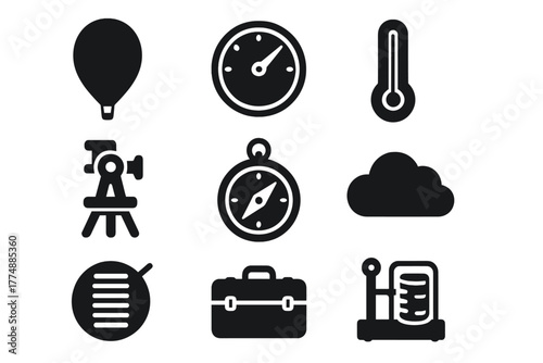 Vintage Meteorology Icons. Solid style icons of Vintage Meteorology: Balloon, Barometer, Thermometer, Theodolite, Compass, Cloud,