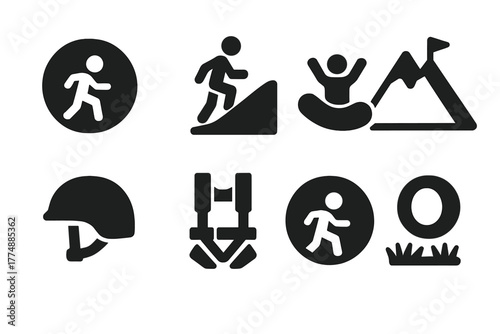 Thrilling Adventure Icons. Solid style icons of Thrill-Seeking Activities: Inflatable Ball, Hill, Momentum, Adventure, Helmet,