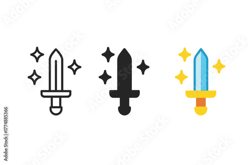 Enchanted Sword Trio. Minimalist enchanted weapon icon: three identical swords with magical effects in a row, first in line style