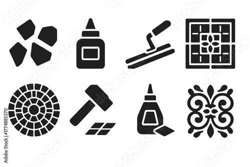 Mosaic Art Essentials. Solid style icons of mosaic art: tile pieces, glue pot, tile cutter, patterned board, finished mosaic,