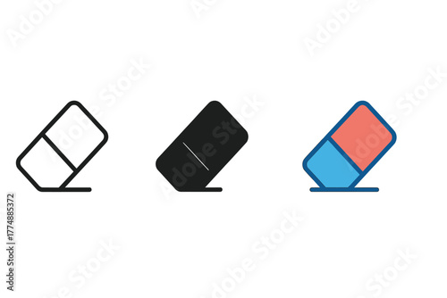 Minimalist Eraser Icons. Minimalist eraser icon: three identical eraser icons in a row, first in line style with thin outline,