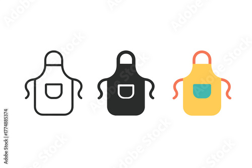 Minimalist Apron Icons. Minimalist apron icon: three identical chef apron icons in a row, first in line style with thin outline,