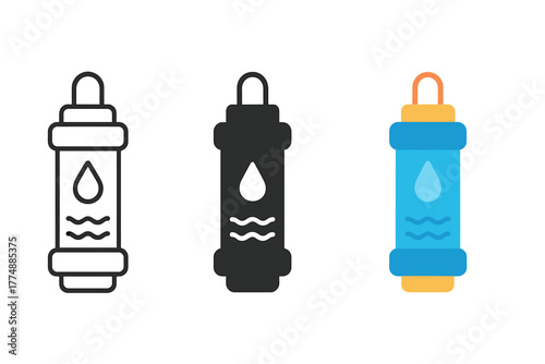 Water Purifier Icons. Minimalist water purifier icon: three identical portable water filters in a row, first in line style with