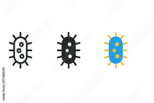 Minimal Bacteria Icons. Minimalist bacteria icon: three identical bacteria icons in a row, first in line style with thin outline,