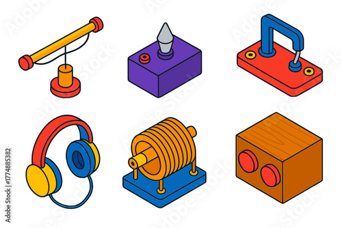 Crystal Radio Components. Isometric vector illustration set Crystal Radio: Wire Aerial, Crystal Detector, Cat's Whisker, Earphone,