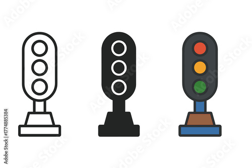 Vintage Signal Lamps. Minimalist signal lamp icon: three identical vintage railway signal lamps in a row, first in line style with