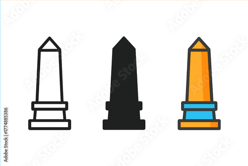 Tri-Obelisk Icon Styles. Minimalist obelisk icon: three identical obelisk icons in a row, first in line style with thin outline,