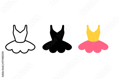 Minimalist Tutu Icons. Minimalist tutu icon: three identical tutu icons in a row, first in line style with thin outline, second in
