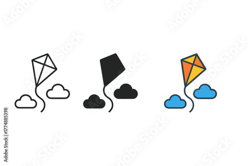 Sky Icons Trilogy. Minimalist sky pattern icon: three identical sky with kites and clouds icons in a row, first in line style with