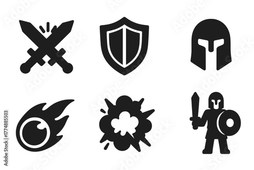 Fantasy Battle Icons. Solid style icons of Fantasy Battle: Sword Clash, Shield, Arrow, Helmet, Fireball, Explosion, Banner,