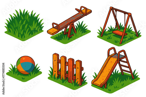 Forgotten Playground Icons. Isometric vector illustration set Forgotten Playground: Overgrown Grass, Rusty Seesaw, Fallen Swing,