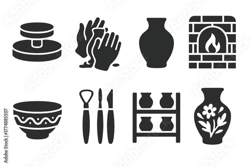 Traditional Pottery Icons. Solid style icons of Traditional Pottery: Clay Wheel, Wet Hands, Clay Vessel, Kiln, Decorative Bowl,