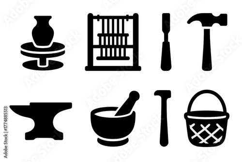 Ancient Craft Icons. Solid style icons of Ancient Crafts: Pottery Wheel, Loom, Chisel, Hammer, Anvil, Mortar, Pestle, Basket, No