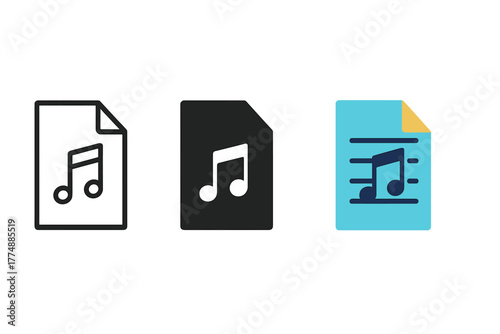 Sheet Music Styles. Minimalist sheet music icon: three identical sheet music icons in a row, first in line style with thin outline