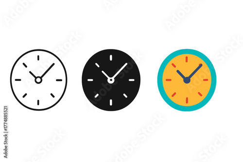 Stylish Clock Trio. Minimalist clock icon: three identical round wall clocks with hands in a row, first in line style with thin
