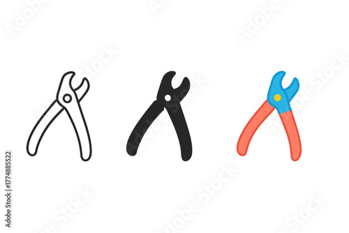 Pet Nail Clipper Icons. Minimalist nail clipper icon: three identical pet nail clippers icons in a row, first in line style with