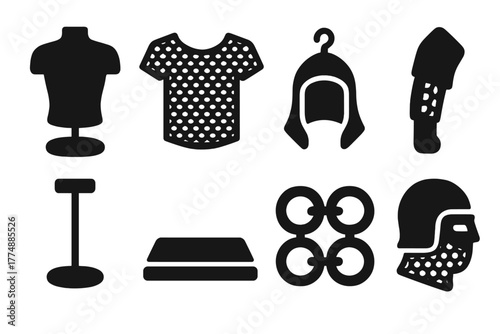 Mail Armor Icons. Solid style icons of Mail Armor Display: Mannequin, Chain Shirt, Hanging Hood, Arm Guard, Display Stand, Wooden