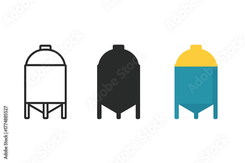 Triple Silo Styles. Minimalist silo icon: three identical silo icons in a row, first in line style with thin outline, second in