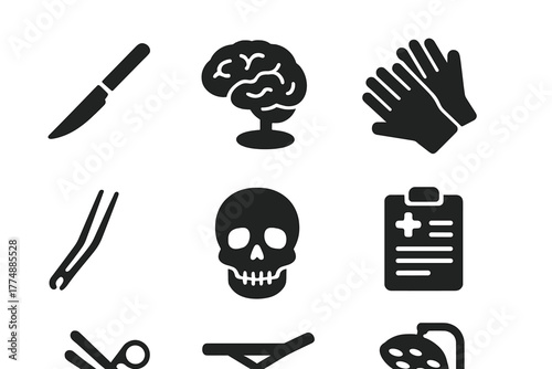 Historical Neurosurgery Icons. Solid style icons of Historical Neurosurgery: Scalpel, Brain Model, Surgical Gloves, Operating