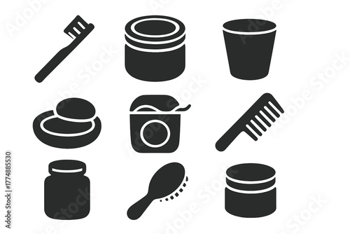 Vintage Oral Care Icons. Solid style icons of Old Oral Care: Toothbrush, Powder Tin, Rinse Cup, Soap, Floss, Comb, Jar, Wooden