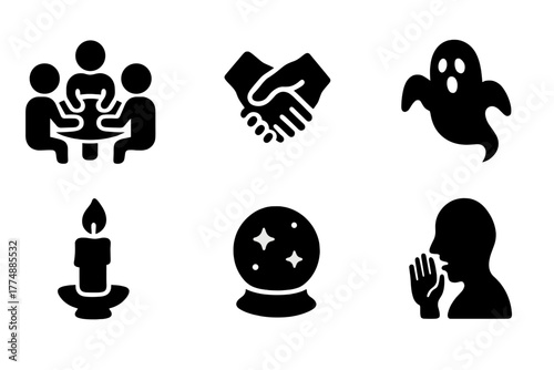 Iconic Spiritual Seance. Solid style icons of Spiritual Seance: Round Table, Joined Hands, Floating Candle, Ghostly Presence,
