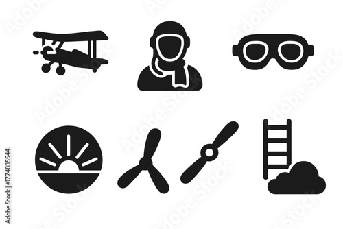 Historical Aviation Icons. Solid style icons of Historical Aviation Stunts: Biplane, Pilot, Goggles, Harness, Sky, Propeller,