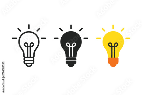 Minimalist Light Bulbs. Minimalist light bulb icon: three identical bulbs with glowing filaments in a row, first in line style