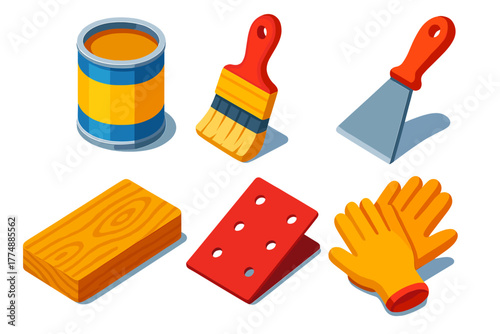 Restoration Tool Icons. Isometric vector illustration set Restoration: Varnish Can, Brush, Paint Scraper, Original Surface,