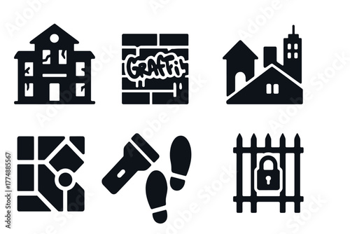 Exploration Icons. Solid style icons of Urban Exploration: Abandoned Building, Graffiti Wall, Hidden Alley, Rooftop View, Street
