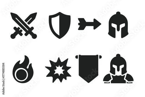 Fantasy Battle Icons. Solid style icons of Fantasy Battle: Sword Clash, Shield, Arrow, Helmet, Fireball, Explosion, Banner,