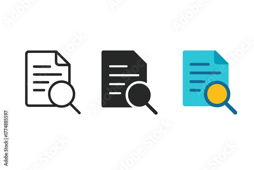 Search Document Icons. Minimalist search document icon: three identical sheets of paper with a small magnifier in a row, first in