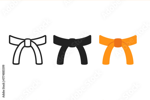 Martial Arts Belt Icons. Minimalist belt levels icon: three identical martial arts belts in a row, first in line style with thin