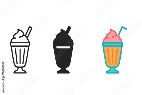 Tri-Style Milkshake Icons. Minimalist milkshake icon: three identical milkshakes with straws in a row, first in line style with
