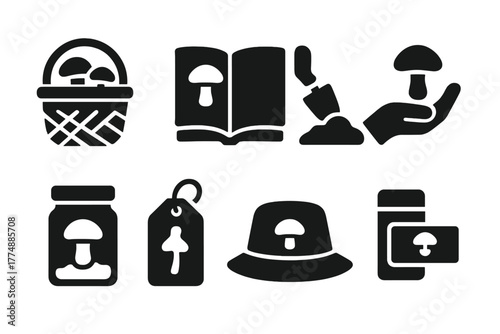 Human-Fungi Interaction Icons. Solid style icons of human-fungi interaction: Foraging Basket, Field Guide Book, Spade in Soil,