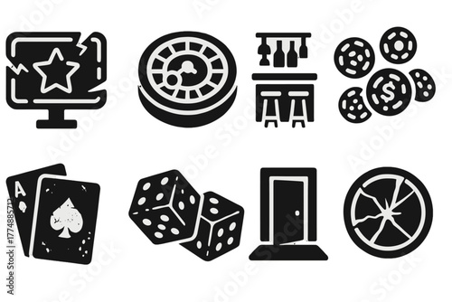 Desolate Casino Icons. Solid style icons of Broken Neon Casino: Flickering Sign, Roulette Wheel, Empty Bar, Scattered Chips, Old