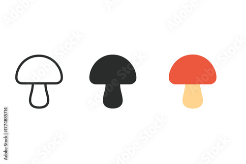 Mushroom Icon Styles Trio. Minimalist mushroom icon: three identical mushrooms with round caps and short stems in a row, first in