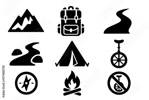 Adventure Unicycling Icons. Solid style icons of Adventure Unicycling: Mountain, Backpack, Trail, River Crossing, Tent, Unicycle,