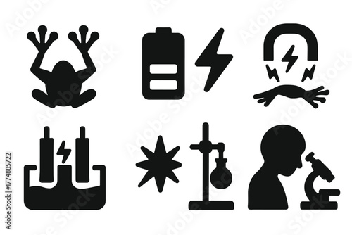Science Curiosity Icons. Solid style icons of Science Curiosity: Frog Legs, Battery, Twitch, Galvanism, Electrodes, Sparks, Stand,