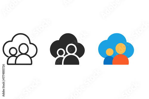 Minimalist Cloud Collaboration. Minimalist collaborative icon: three identical cloud with multiple user icons in a row, first in